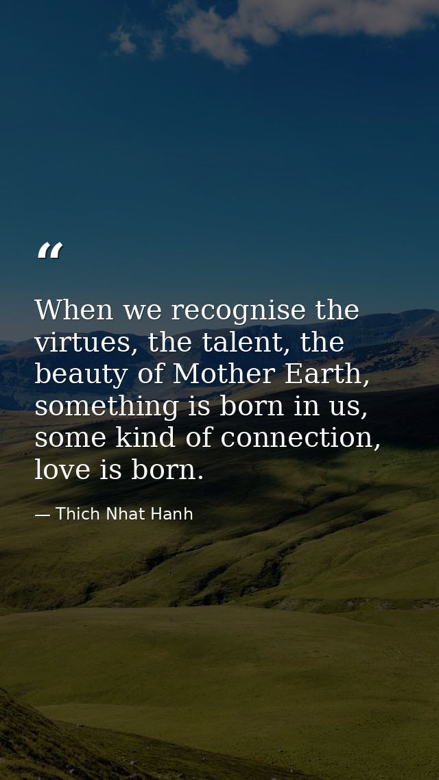 When we recognise the virtues, the talent, the beauty of Mother Earth, something is born in us, some kind of connection, — Thich Nhat Hanh