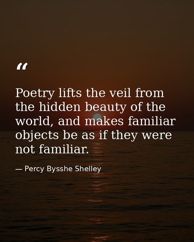 Poetry lifts the veil from the hidden beauty of the world, and makes familiar objects be as if they were not familiar. — Percy Bysshe Shelley