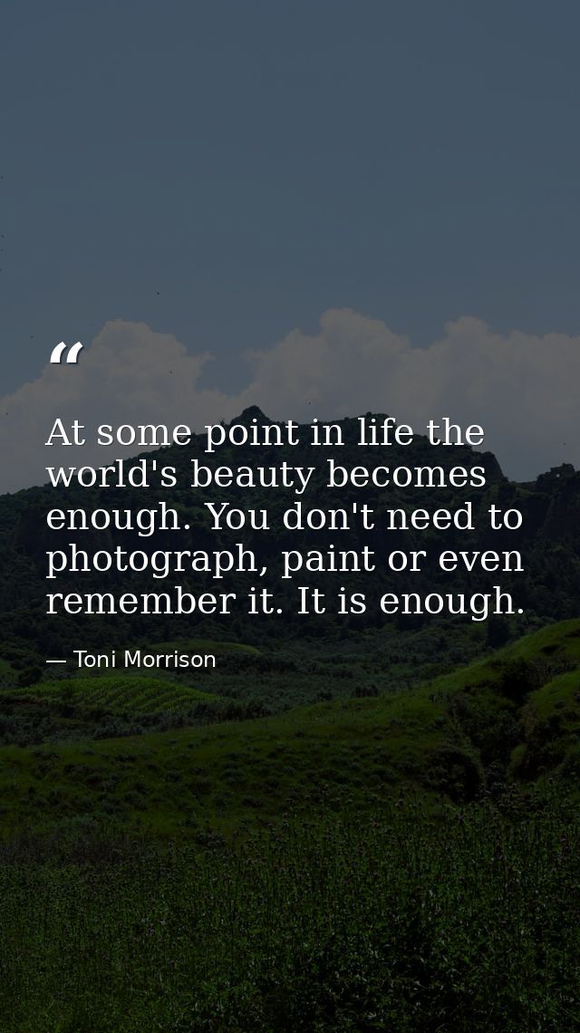 At some point in life the world's beauty becomes enough. You don't need to photograph, paint or even remember it. It is  — Toni Morrison
