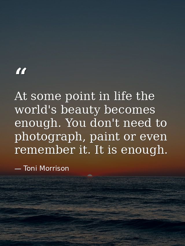 At some point in life the world's beauty becomes enough. You don't need to photograph, paint or even remember it. It is  — Toni Morrison