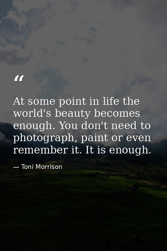 At some point in life the world's beauty becomes enough. You don't need to photograph, paint or even remember it. It is  — Toni Morrison
