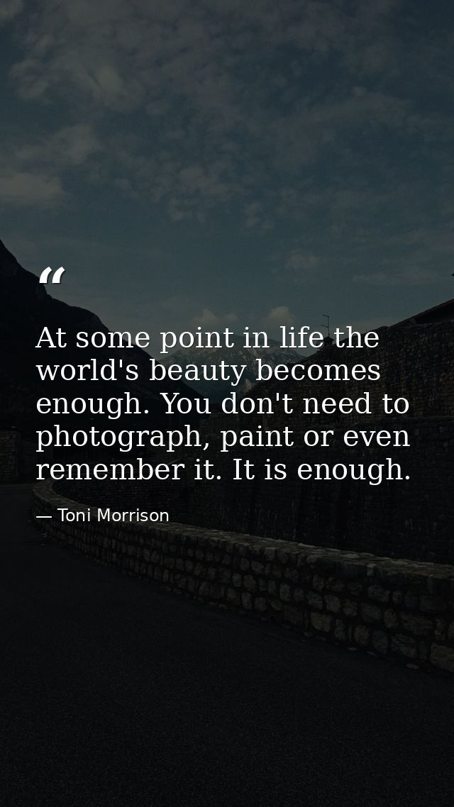 At some point in life the world's beauty becomes enough. You don't need to photograph, paint or even remember it. It is  — Toni Morrison
