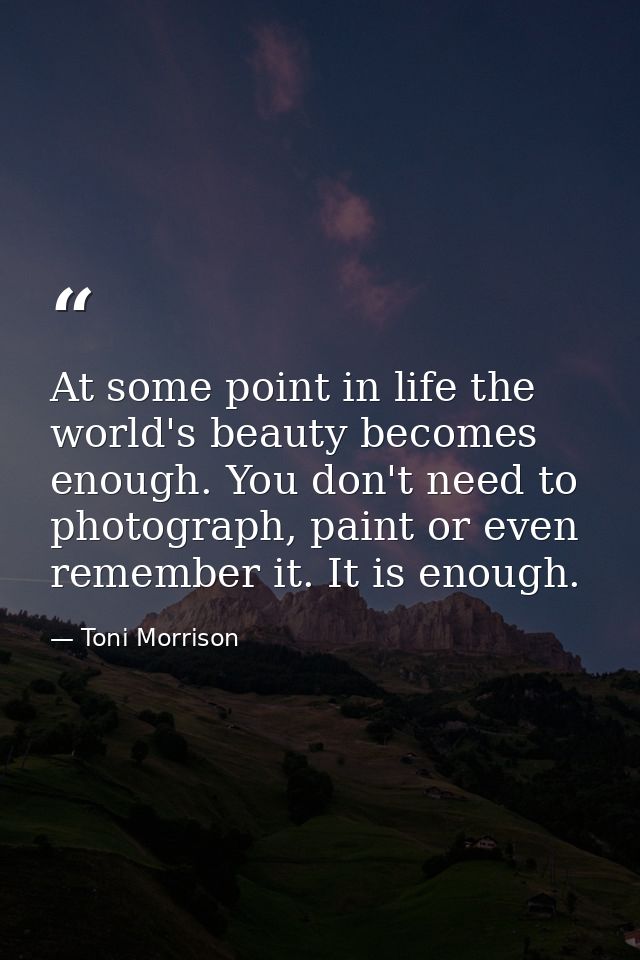 At some point in life the world's beauty becomes enough. You don't need to photograph, paint or even remember it. It is  — Toni Morrison