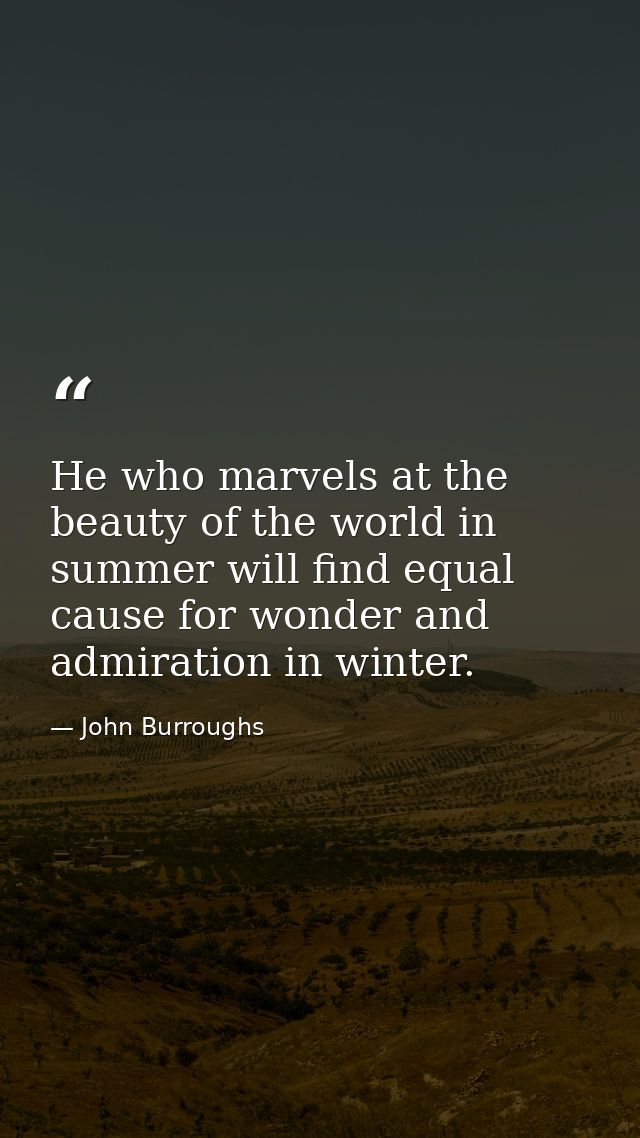 He who marvels at the beauty of the world in summer will find equal cause for wonder and admiration in winter. — John Burroughs
