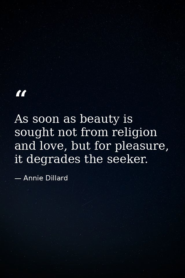 As soon as beauty is sought not from religion and love, but for pleasure, it degrades the seeker. — Annie Dillard