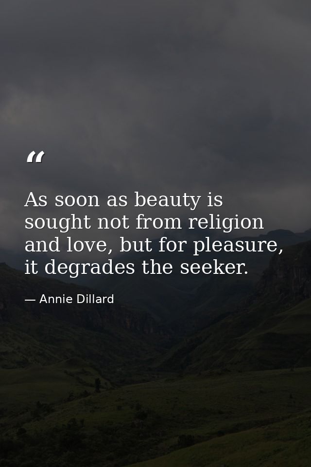 As soon as beauty is sought not from religion and love, but for pleasure, it degrades the seeker. — Annie Dillard