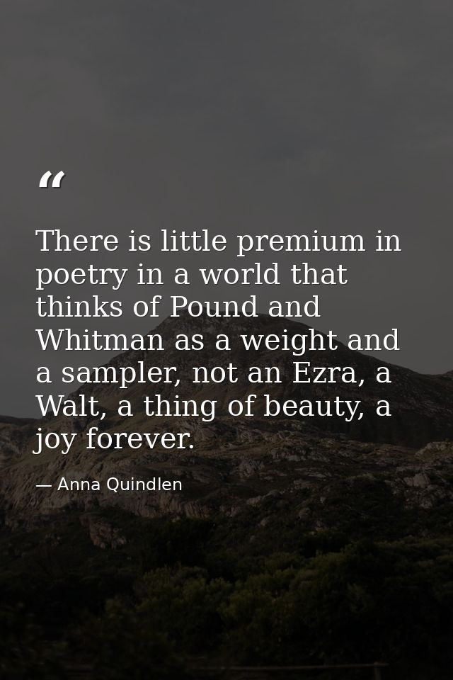 There is little premium in poetry in a world that thinks of Pound and Whitman as a weight and a sampler, not an Ezra, a  — Anna Quindlen