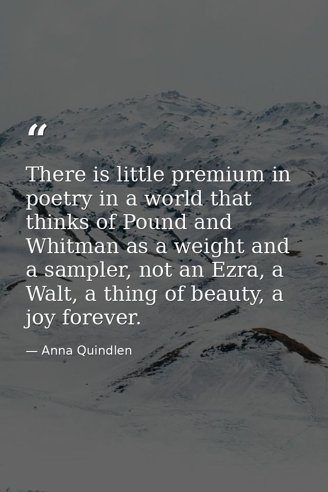 There is little premium in poetry in a world that thinks of Pound and Whitman as a weight and a sampler, not an Ezra, a  — Anna Quindlen