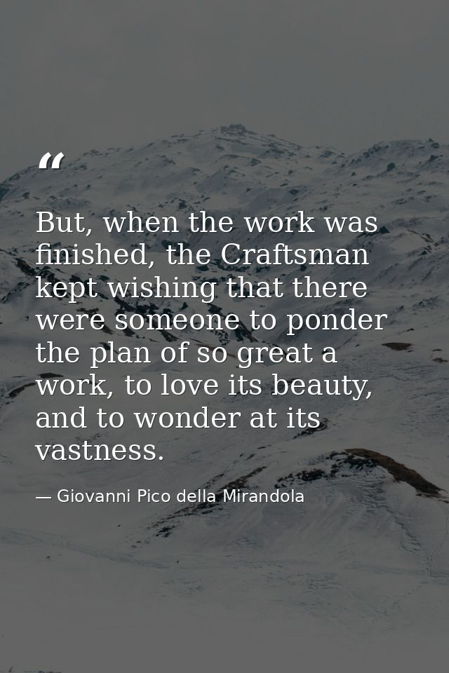But, when the work was finished, the Craftsman kept wishing that there were someone to ponder the plan of so great a wor — Giovanni Pico della Mirandola