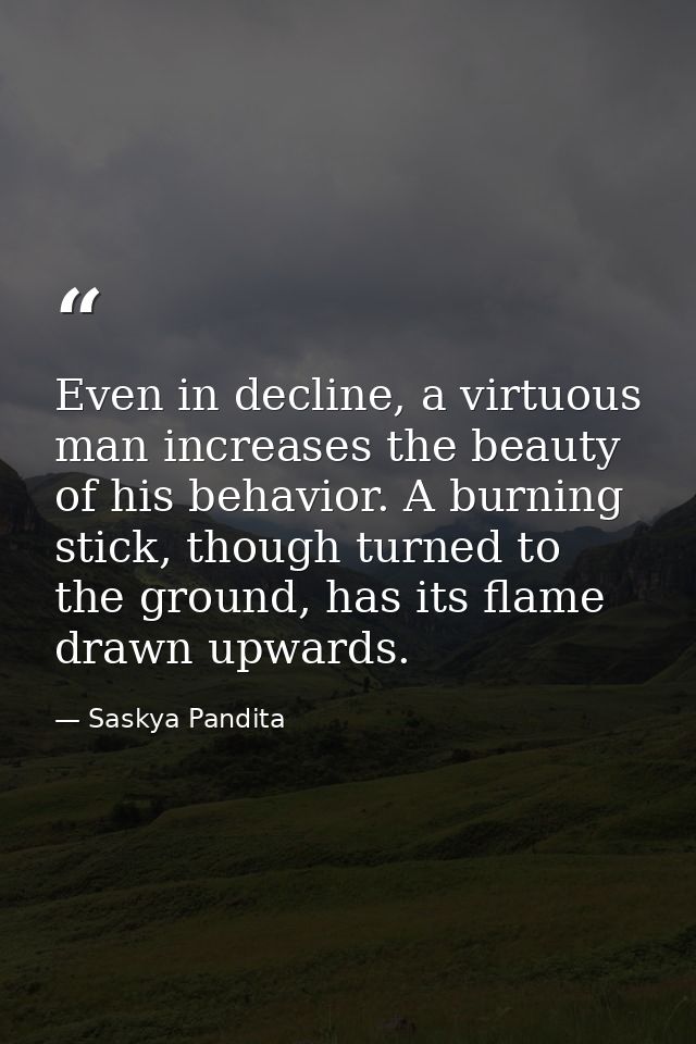Even in decline, a virtuous man increases the beauty of his behavior. A burning stick, though turned to the ground, has  — Saskya Pandita