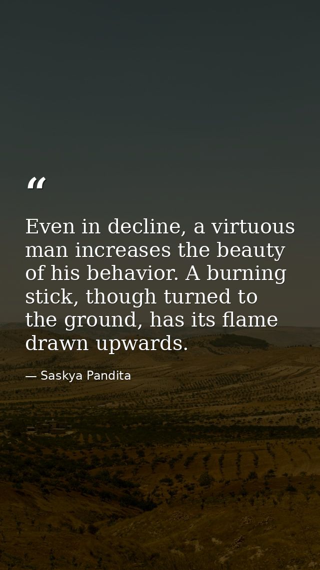 Even in decline, a virtuous man increases the beauty of his behavior. A burning stick, though turned to the ground, has  — Saskya Pandita
