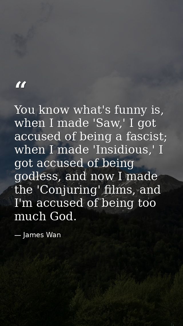 You know what's funny is, when I made 'Saw,' I got accused of being a fascist; when I made 'Insidious,' I got accused of — James Wan