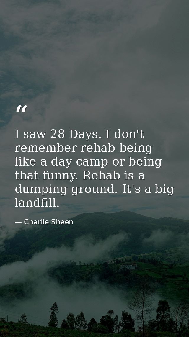 I saw 28 Days. I don't remember rehab being like a day camp or being that funny. Rehab is a dumping ground. It's a big l — Charlie Sheen