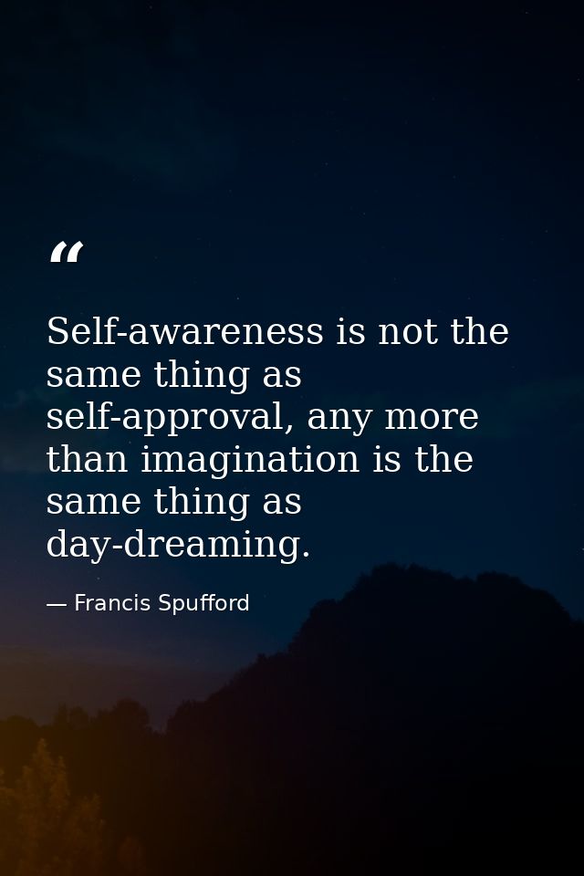 Self-awareness is not the same thing as self-approval, any more than imagination is the same thing as day-dreaming. — Francis Spufford