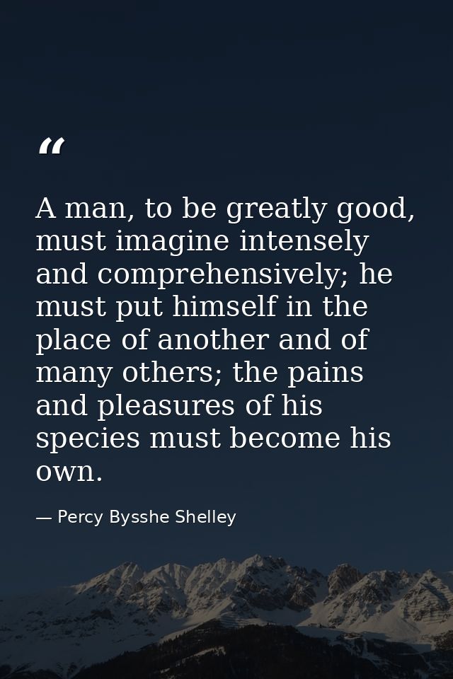 A man, to be greatly good, must imagine intensely and comprehensively; he must put himself in the place of another and o — Percy Bysshe Shelley