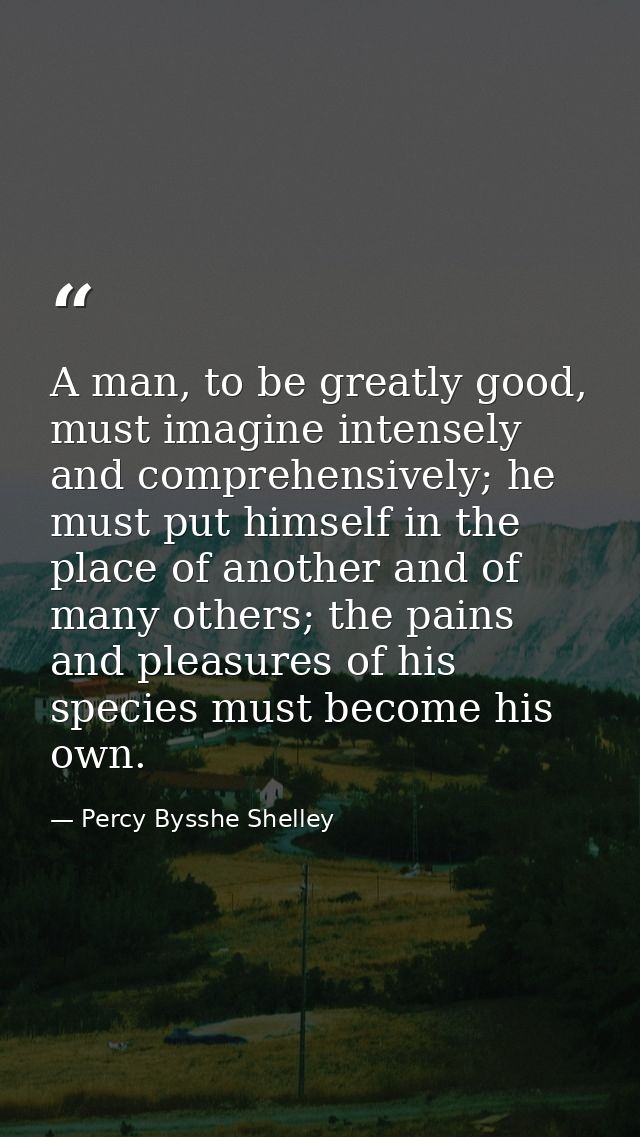 A man, to be greatly good, must imagine intensely and comprehensively; he must put himself in the place of another and o — Percy Bysshe Shelley