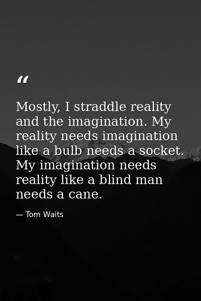 Mostly, I straddle reality and the imagination. My reality needs imagination like a bulb needs a socket. My imagination  — Tom Waits