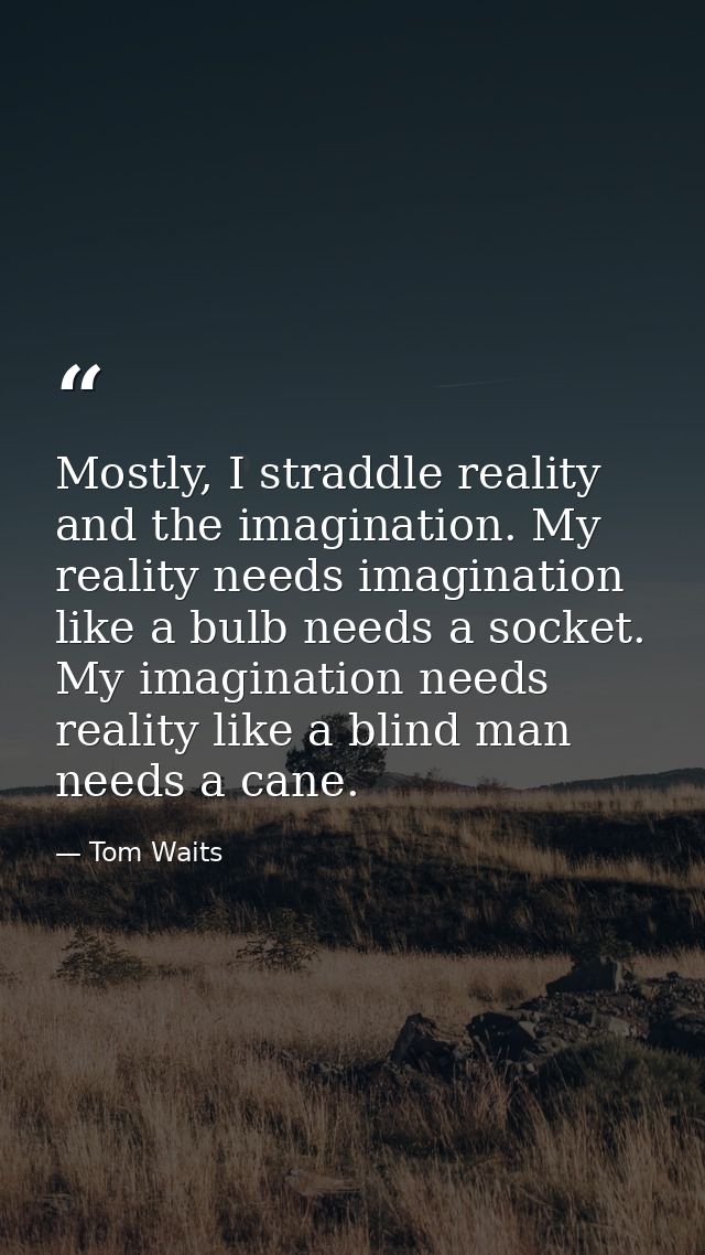Mostly, I straddle reality and the imagination. My reality needs imagination like a bulb needs a socket. My imagination  — Tom Waits