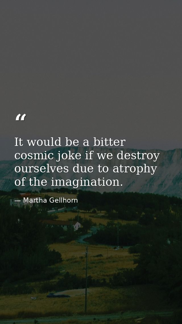 It would be a bitter cosmic joke if we destroy ourselves due to atrophy of the imagination. — Martha Gellhorn