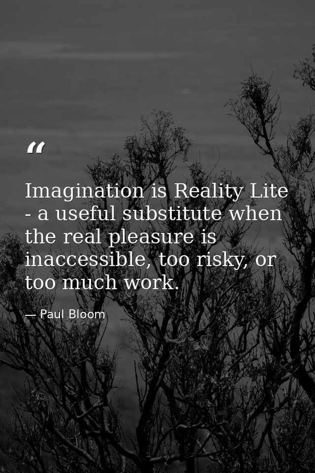 Imagination is Reality Lite - a useful substitute when the real pleasure is inaccessible, too risky, or too much work. — Paul Bloom