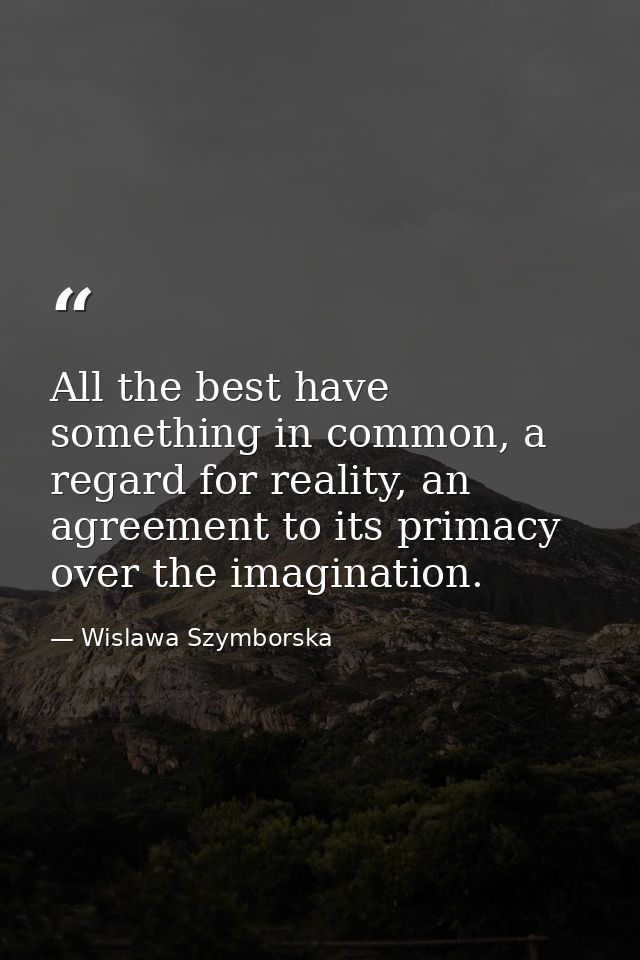 All the best have something in common, a regard for reality, an agreement to its primacy over the imagination. — Wislawa Szymborska