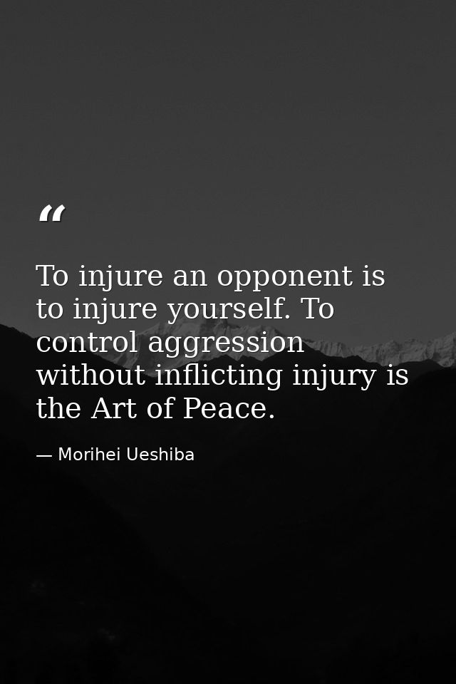 To injure an opponent is to injure yourself. To control aggression without inflicting injury is the Art of Peace. — Morihei Ueshiba
