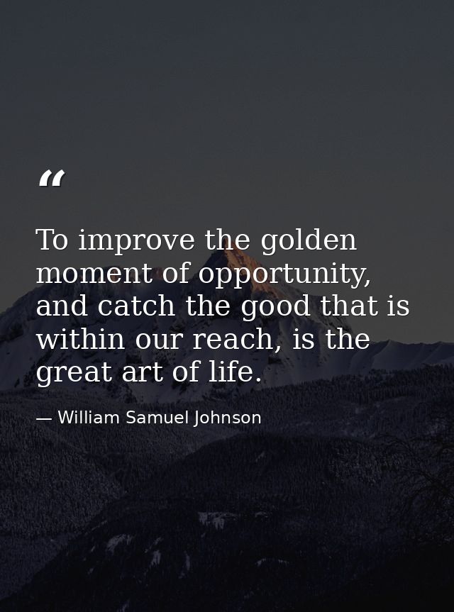 To improve the golden moment of opportunity, and catch the good that is within our reach, is the great art of life. — William Samuel Johnson