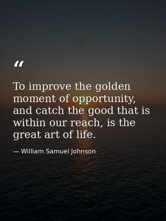 To improve the golden moment of opportunity, and catch the good that is within our reach, is the great art of life. — William Samuel Johnson
