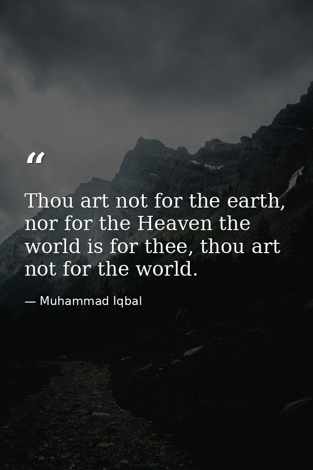 Thou art not for the earth, nor for the Heaven the world is for thee, thou art not for the world. — Muhammad Iqbal