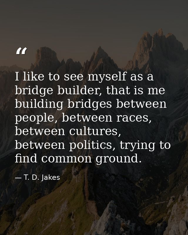 I like to see myself as a bridge builder, that is me building bridges between people, between races, between cultures, b — T. D. Jakes