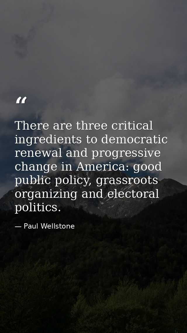There are three critical ingredients to democratic renewal and progressive change in America: good public policy, grassr — Paul Wellstone