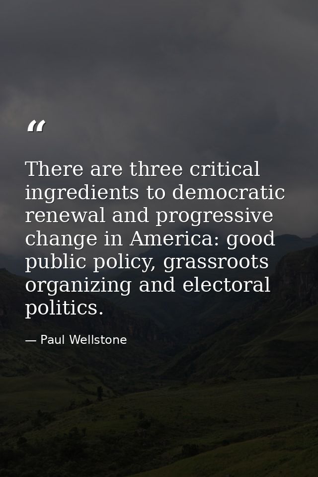 There are three critical ingredients to democratic renewal and progressive change in America: good public policy, grassr — Paul Wellstone