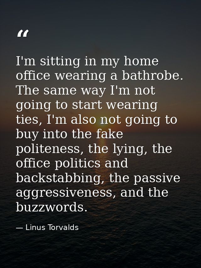 I'm sitting in my home office wearing a bathrobe. The same way I'm not going to start wearing ties, I'm also not going t — Linus Torvalds