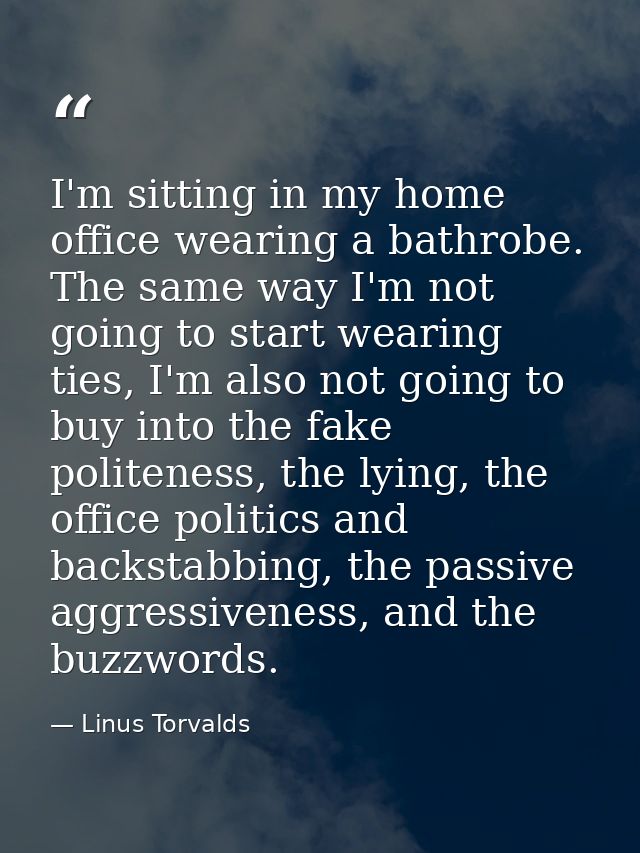I'm sitting in my home office wearing a bathrobe. The same way I'm not going to start wearing ties, I'm also not going t — Linus Torvalds