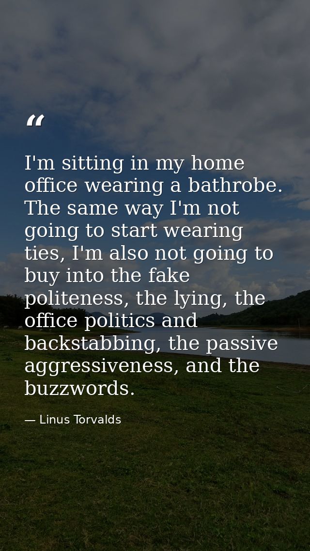 I'm sitting in my home office wearing a bathrobe. The same way I'm not going to start wearing ties, I'm also not going t — Linus Torvalds