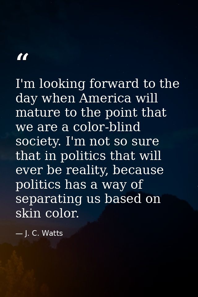 I'm looking forward to the day when America will mature to the point that we are a color-blind society. I'm not so sure  — J. C. Watts