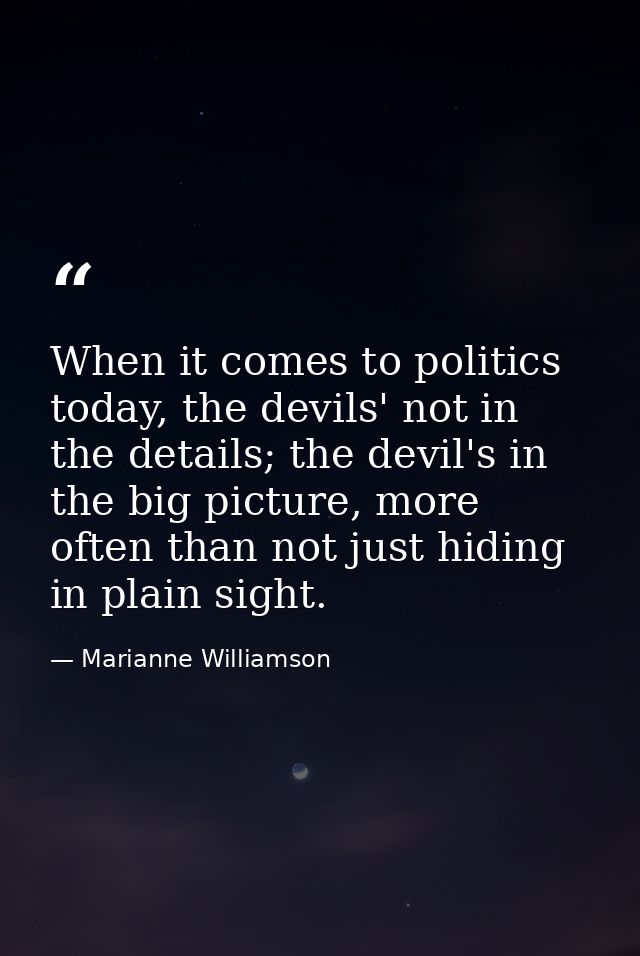 When it comes to politics today, the devils' not in the details; the devil's in the big picture, more often than not jus — Marianne Williamson
