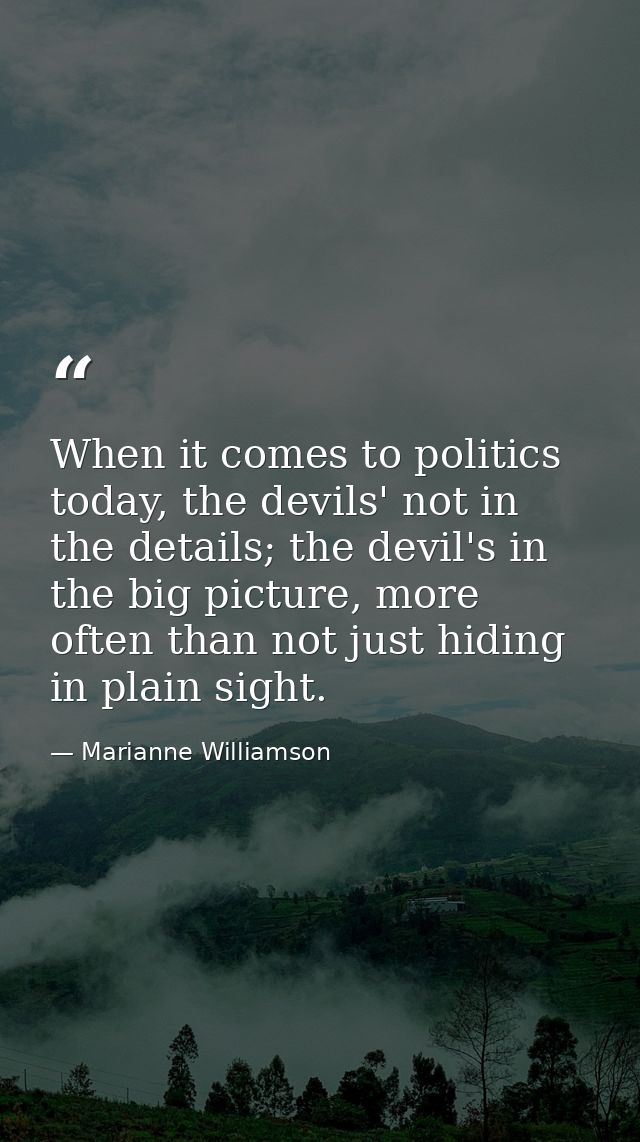 When it comes to politics today, the devils' not in the details; the devil's in the big picture, more often than not jus — Marianne Williamson