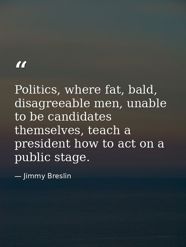 Politics, where fat, bald, disagreeable men, unable to be candidates themselves, teach a president how to act on a publi — Jimmy Breslin