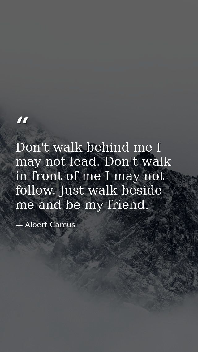 Don't walk behind me I may not lead. Don't walk in front of me I may not follow. Just walk beside me and be my friend. — Albert Camus