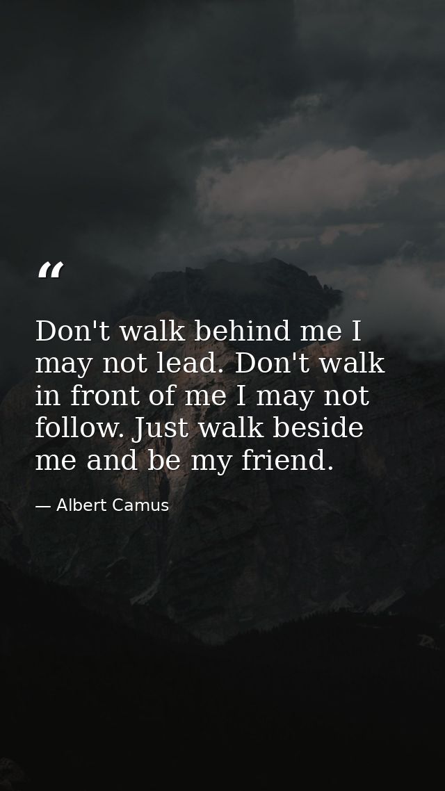 Don't walk behind me I may not lead. Don't walk in front of me I may not follow. Just walk beside me and be my friend. — Albert Camus