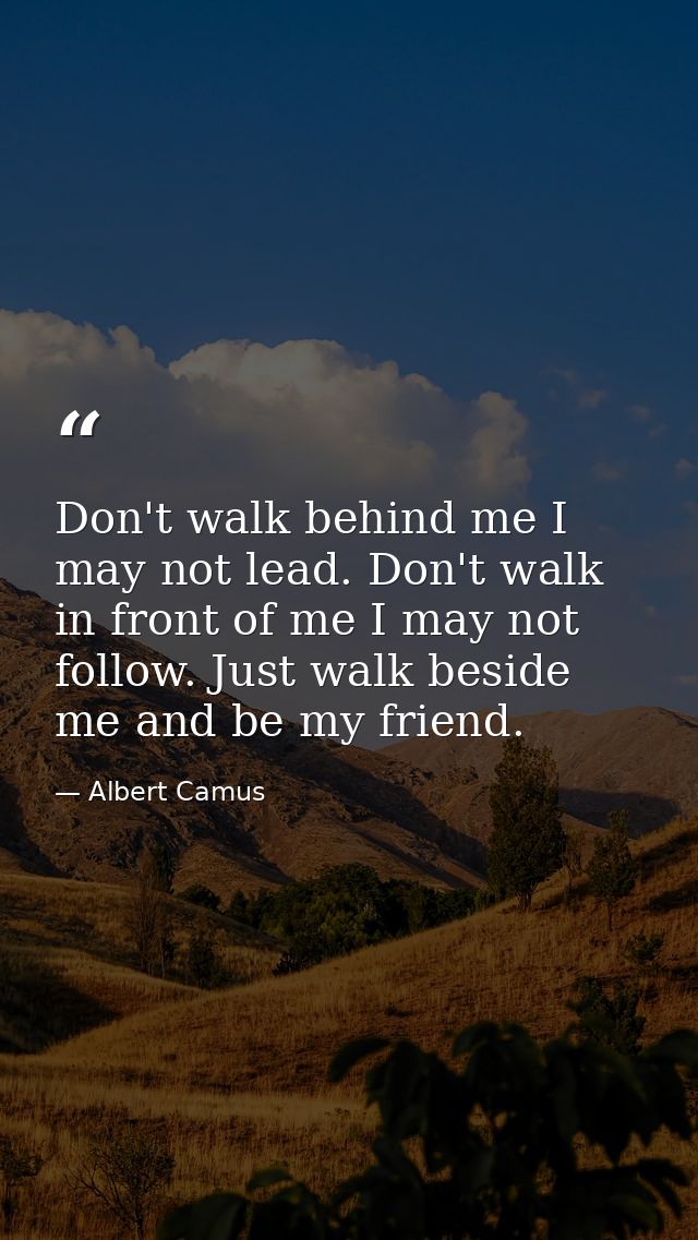Don't walk behind me I may not lead. Don't walk in front of me I may not follow. Just walk beside me and be my friend. — Albert Camus