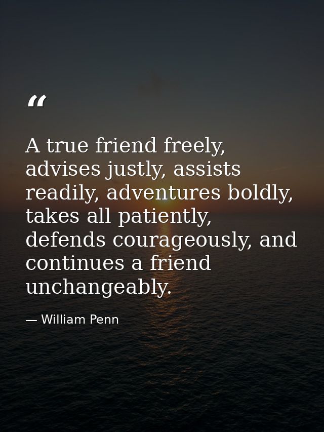 A true friend freely, advises justly, assists readily, adventures boldly, takes all patiently, defends courageously, and — William Penn