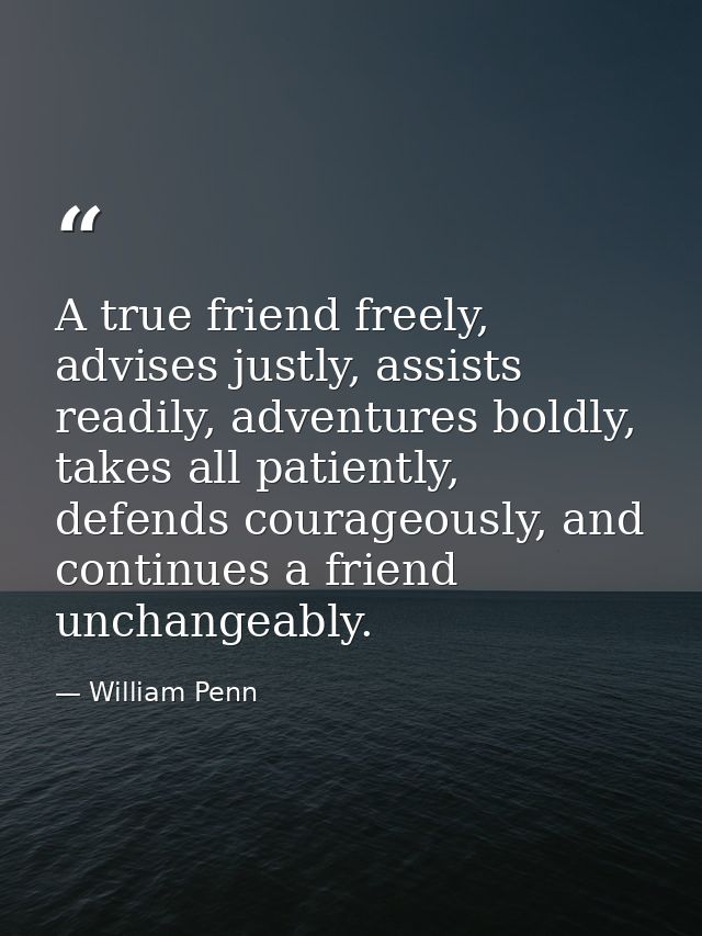 A true friend freely, advises justly, assists readily, adventures boldly, takes all patiently, defends courageously, and — William Penn
