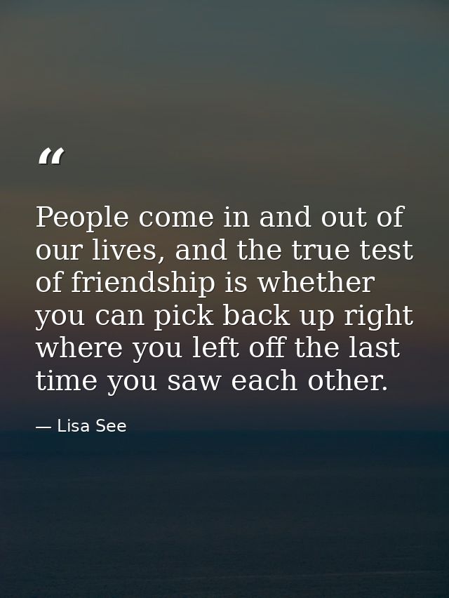 People come in and out of our lives, and the true test of friendship is whether you can pick back up right where you lef — Lisa See