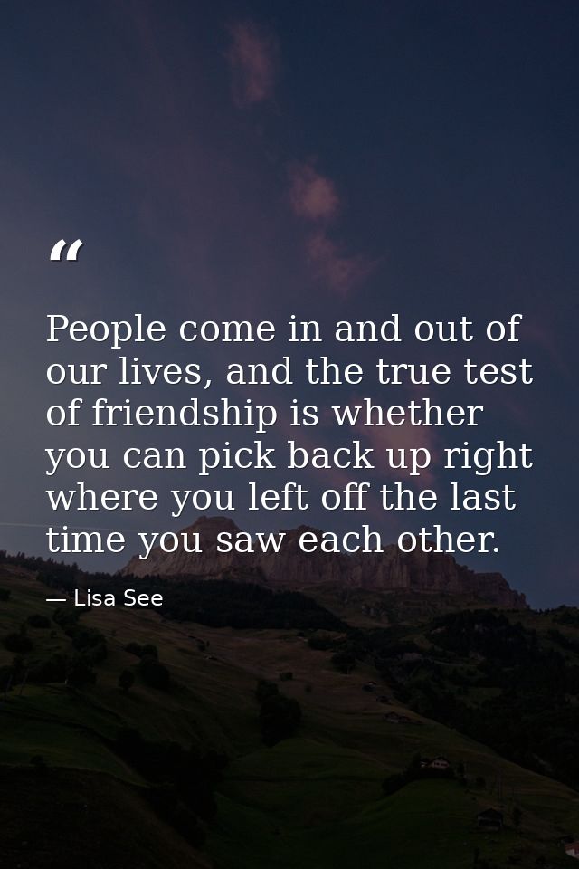People come in and out of our lives, and the true test of friendship is whether you can pick back up right where you lef — Lisa See
