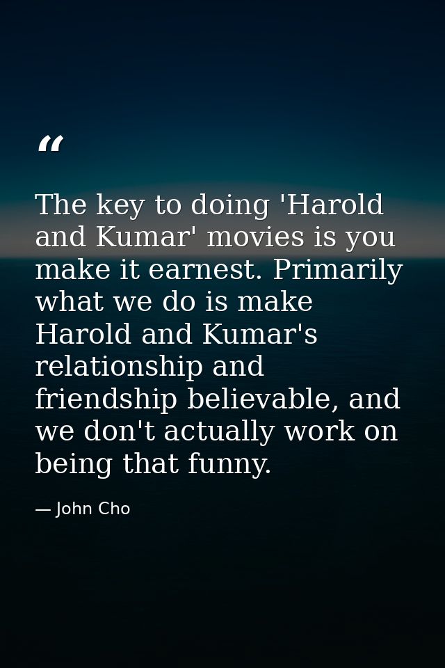 The key to doing 'Harold and Kumar' movies is you make it earnest. Primarily what we do is make Harold and Kumar's relat — John Cho