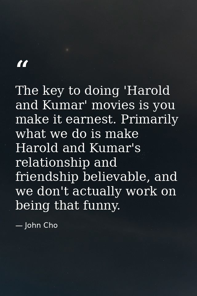 The key to doing 'Harold and Kumar' movies is you make it earnest. Primarily what we do is make Harold and Kumar's relat — John Cho