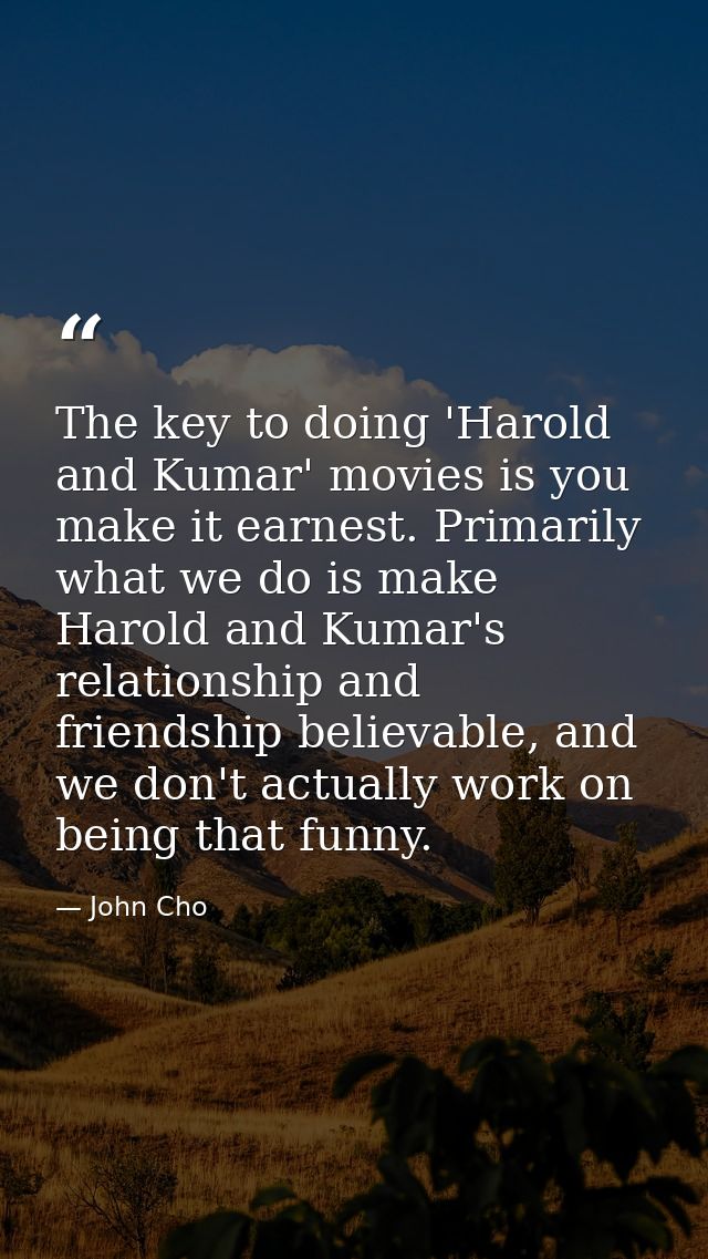 The key to doing 'Harold and Kumar' movies is you make it earnest. Primarily what we do is make Harold and Kumar's relat — John Cho