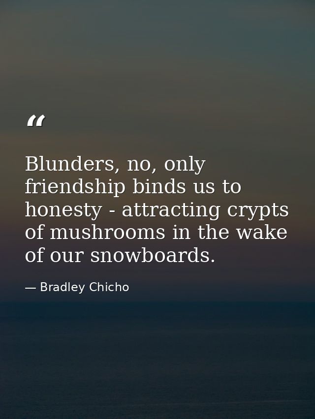Blunders, no, only friendship binds us to honesty - attracting crypts of mushrooms in the wake of our snowboards. — Bradley Chicho